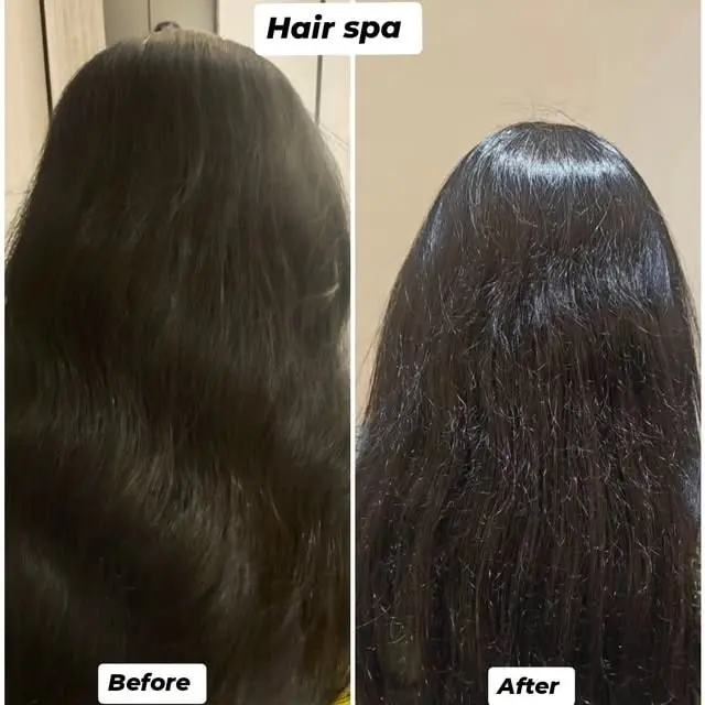 Hair spa before and after: the same hair, dry and dull before, smooth and glossy after